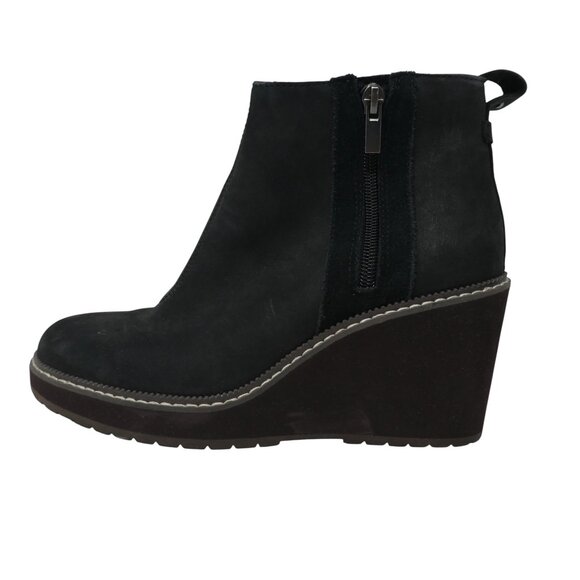 Toms Raven Black Leather Wedge Heel Water Resistant Ankle Boots Booties 6.5 - Picture 4 of 13